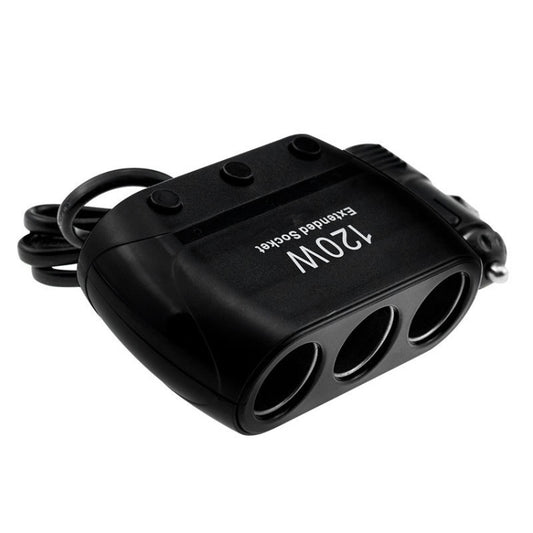 Black 3-socket 12V/24V cigarette lighter adapter splitter with three built-in ports