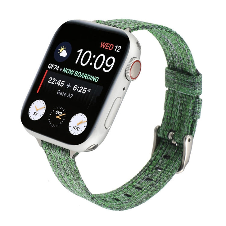 Woven nylon watch band in green and gray with a metal buckle, shown attached to a smartwatch.