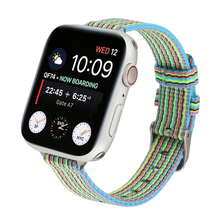 Rainbow woven nylon watch strap with metal buckle and adjustable holes.