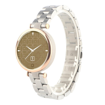 Silver stainless steel watch strap with round smartwatch face and rose-gold bezel