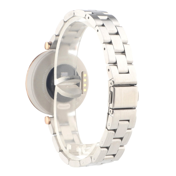 Stainless steel wristwatch band with round bezel and metal case side view