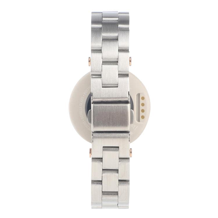 Silver stainless steel wristwatch clasp and case back view with sensor cutout