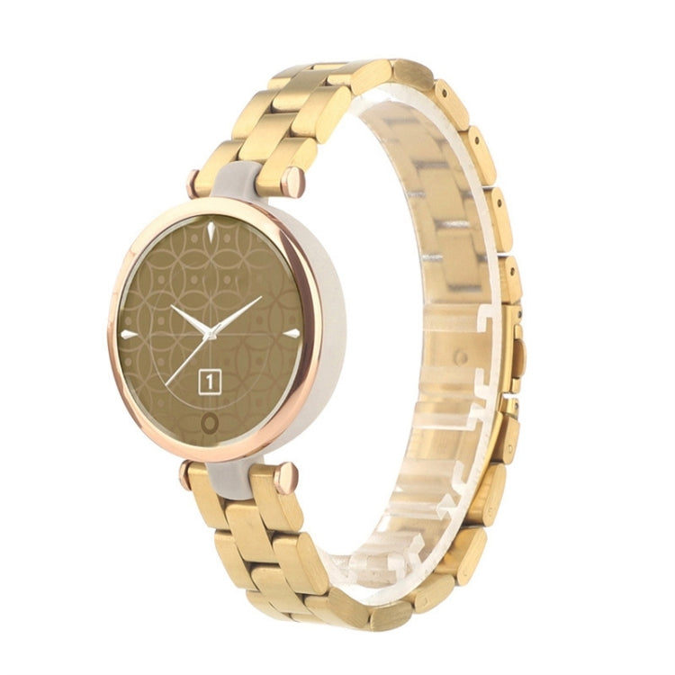 Gold stainless steel wristwatch strap with round smartwatch face and clasp