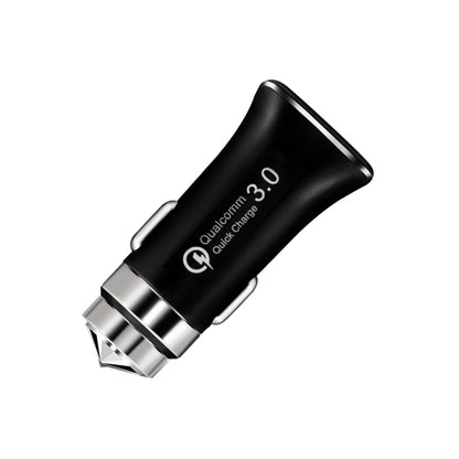 Black QC 3.0 car charger with safety hammer tip and USB port