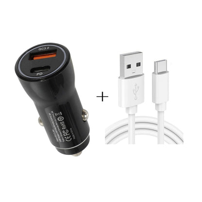Black car charger with PD and QC3.0 ports plus Type-C USB cable kit