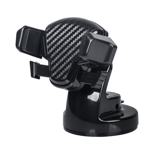 Black car suction cup phone holder with carbon-fiber textured clamp and adjustable arms