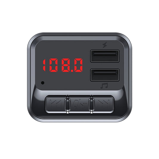 Car FM wireless audio transmitter, front ports and red LED screen on black housing