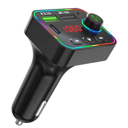 Black car FM transmitter MP3 player with colorful backlit display and dual USB ports