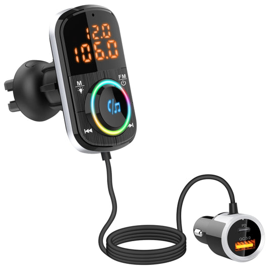 Car FM transmitter with LED frequency readout and illuminated music button, plug-in cable