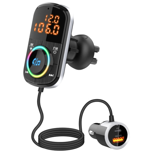 Car FM transmitter with LED display, power plug and charging cable, music and FM icons