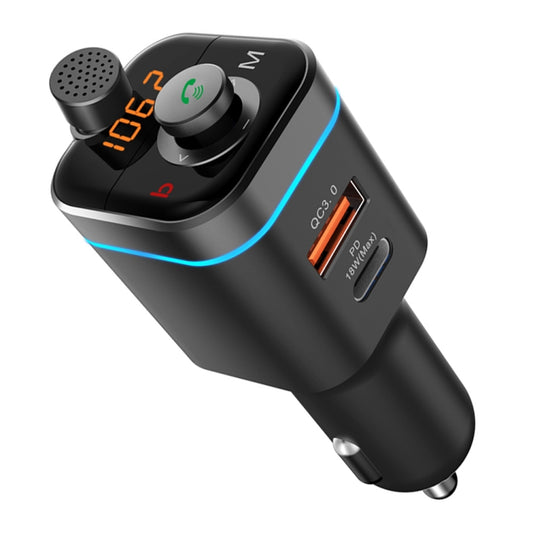 Black car MP3/FM transmitter with speaker and illuminated QC3.0 and PD ports