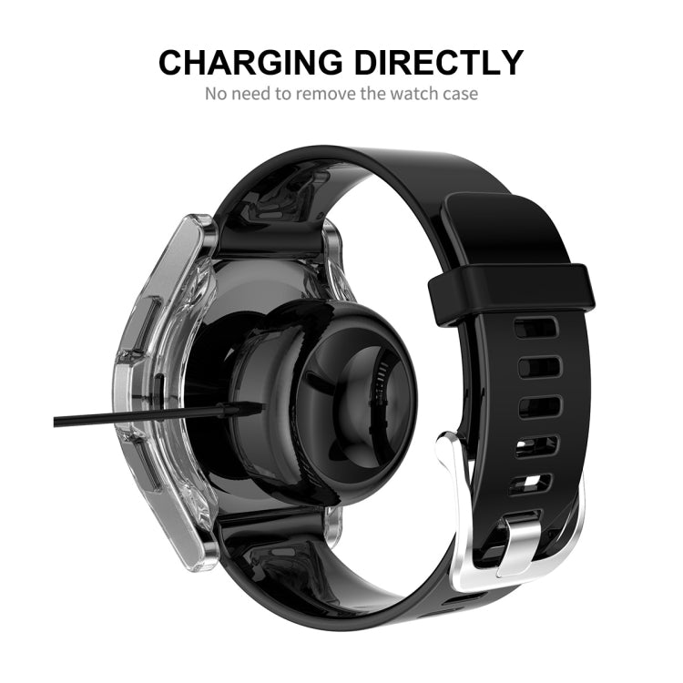 Black smartwatch with transparent TPU case; charging access shown without removing cover