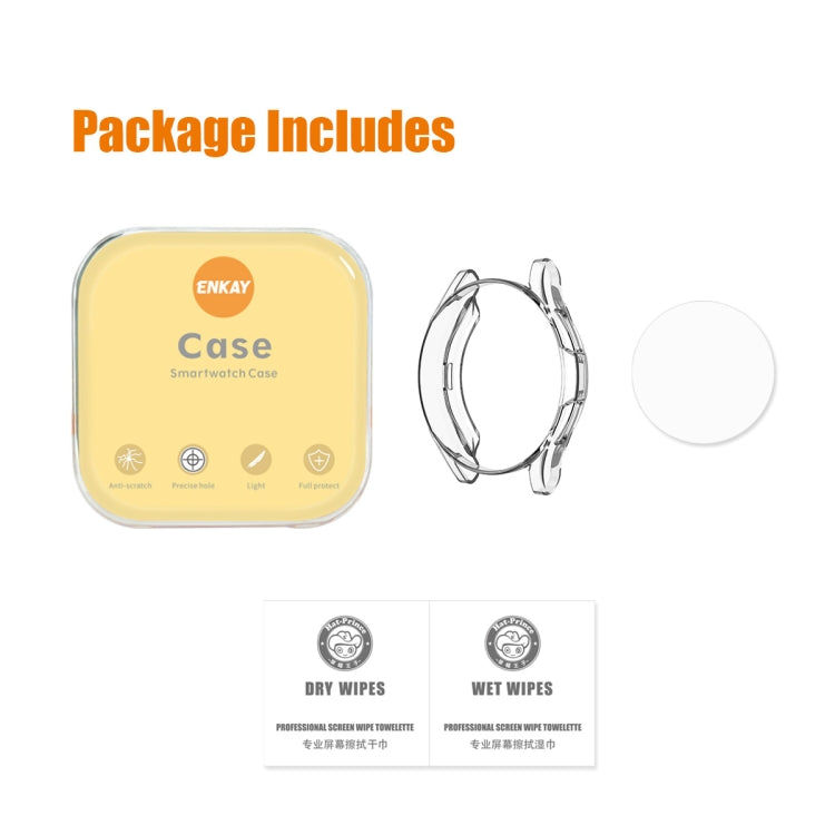 Smartwatch protection kit with clear TPU case, round tempered glass, and cleaning wipes
