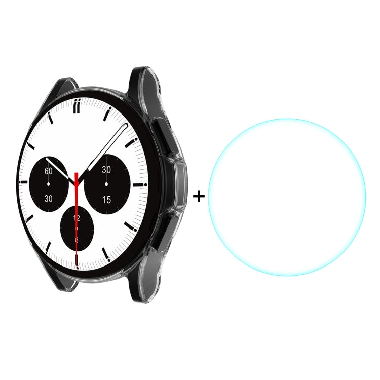 Black smartwatch with clear TPU watch case and separate glowing round tempered glass