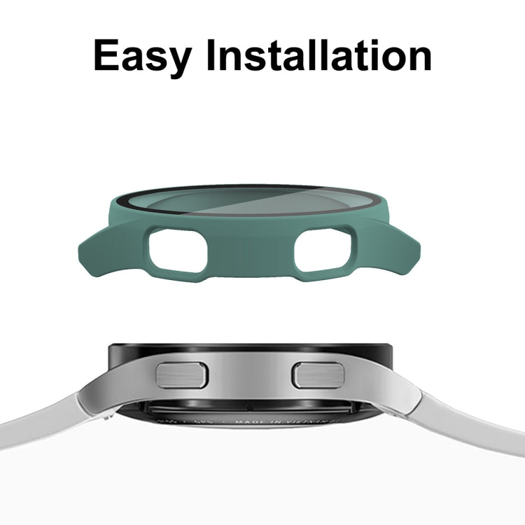 Green tempered glass smartwatch case with open frame and back cover, 44mm