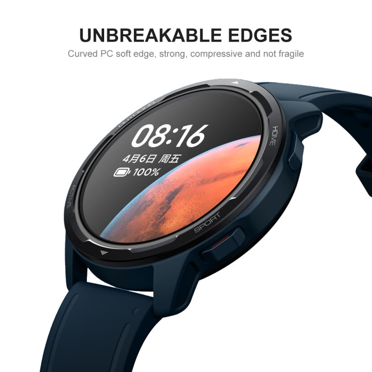 Curved clear screen protector film on dark blue smartwatch with unbreakable edge look