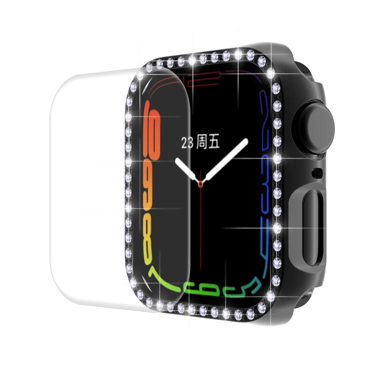 Black watch case with curved screen protector, rhinestone bezel, black watch face display