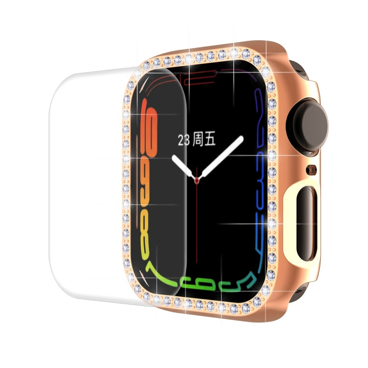 Rose gold watch case with curved screen protector, rhinestone bezel, black watch face display