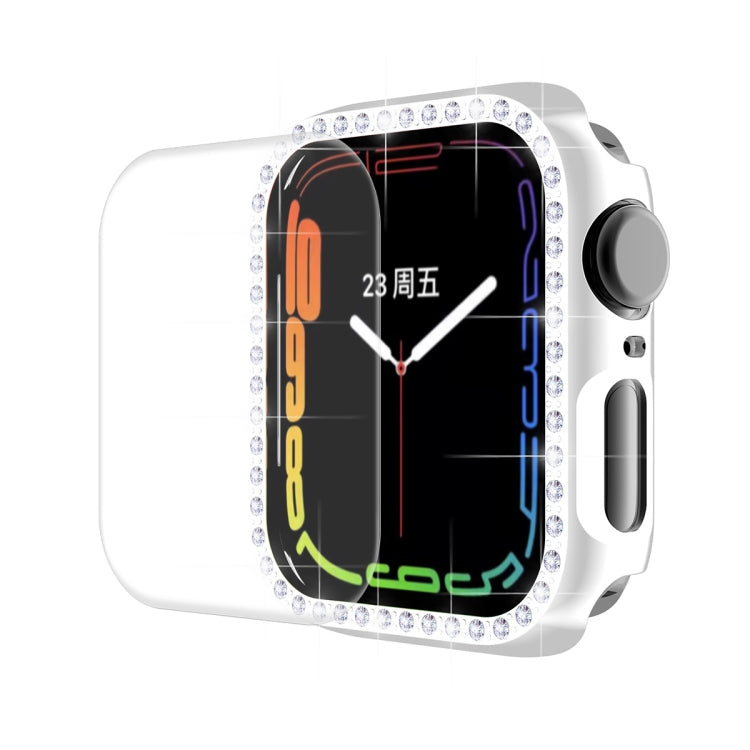Silver watch case with curved screen protector, rhinestone bezel, black watch face display