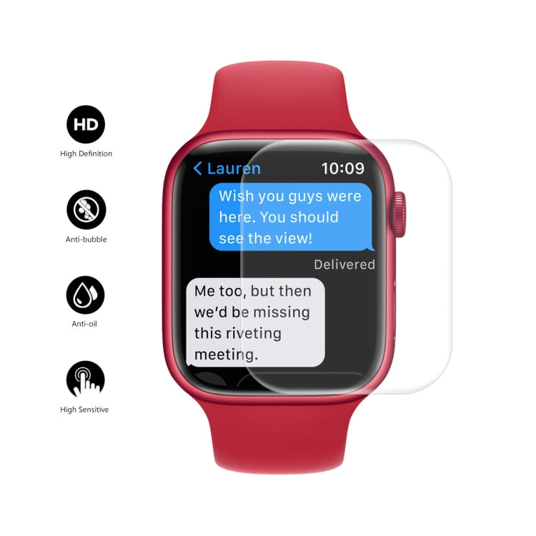 Curved PET screen protector on Apple Watch with red strap, showing clear display