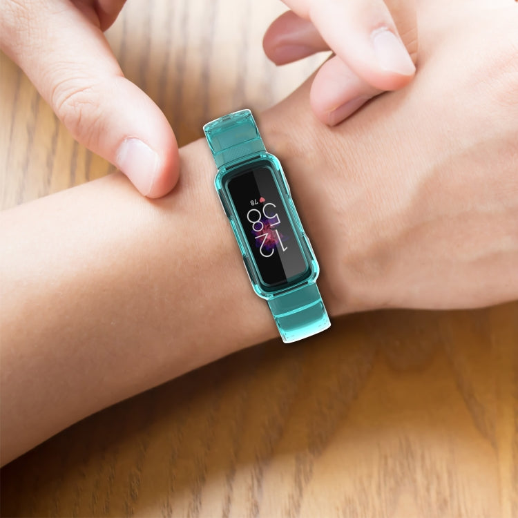 Teal transparent silicone integrated watch strap on wrist, with square watch case