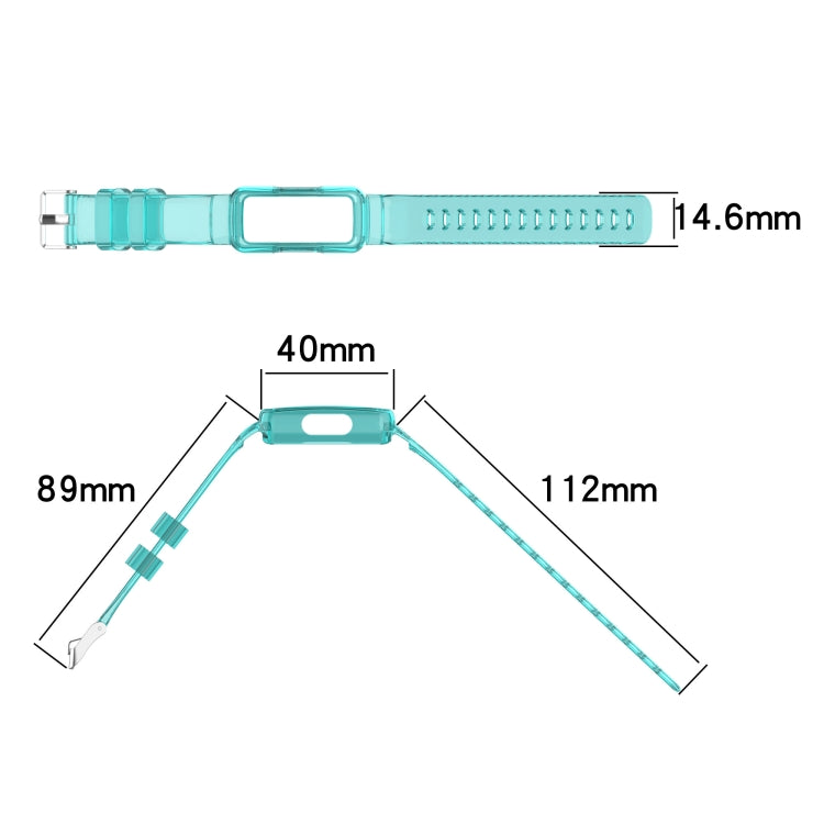 Teal transparent silicone integrated watch strap with buckle and width/length measurement marks