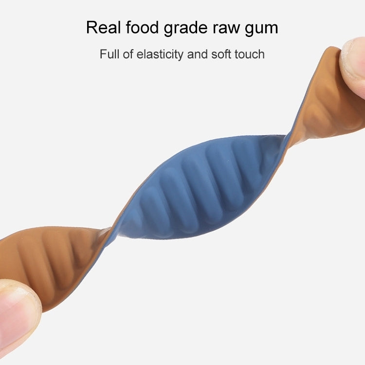 Blue silicone magnetic watch band stretching between hands for flexibility