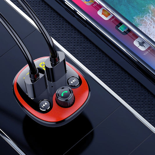 BT21 car FM Bluetooth transmitter on dashboard, red circular dial and buttons