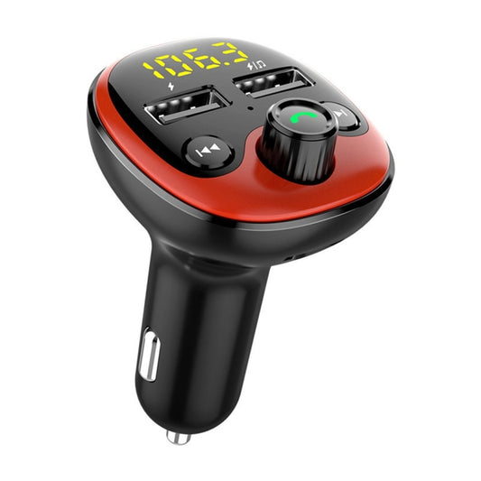 BT21 car FM Bluetooth transmitter with USB ports and control buttons, red and black
