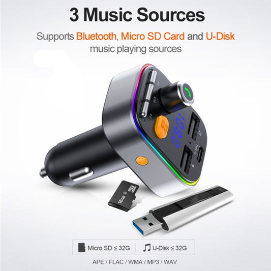 T48C Car Bluetooth 5.0 Fm Transmitter Kit Dual USB with Type-C 5V 2.4A Car Charger, T48C