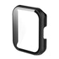 Black watch case with integrated toughened film, front window view.
