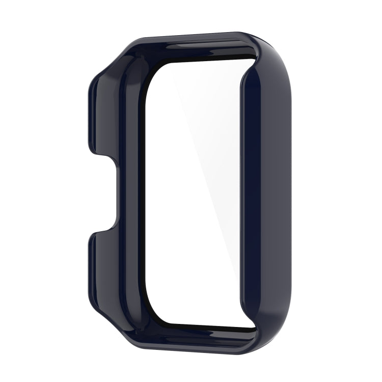 Dark blue watch case with integrated toughened film, front window view.