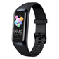 Smart fitness tracker with black silicone band and color display showing icons