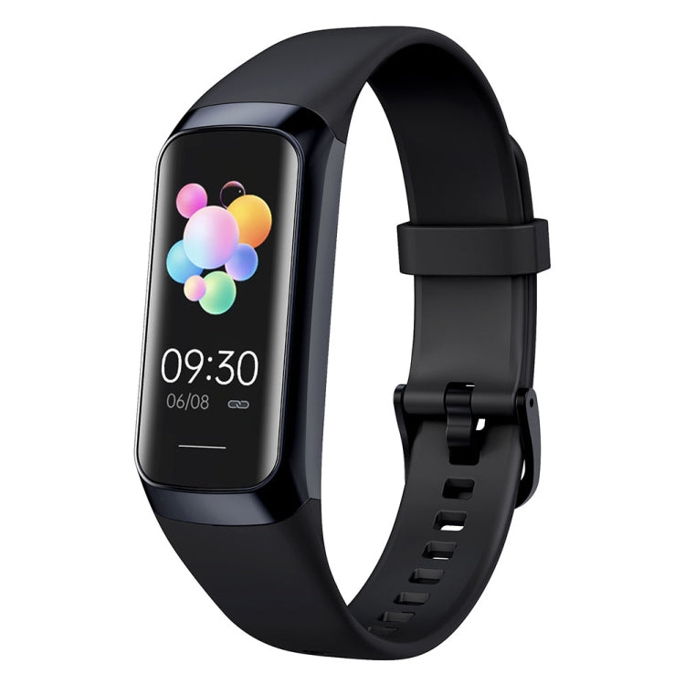 Smart fitness tracker with black silicone band and color display showing icons