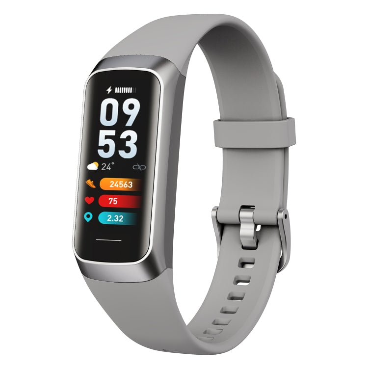 Smart fitness tracker with gray silicone band and color display with heart stats