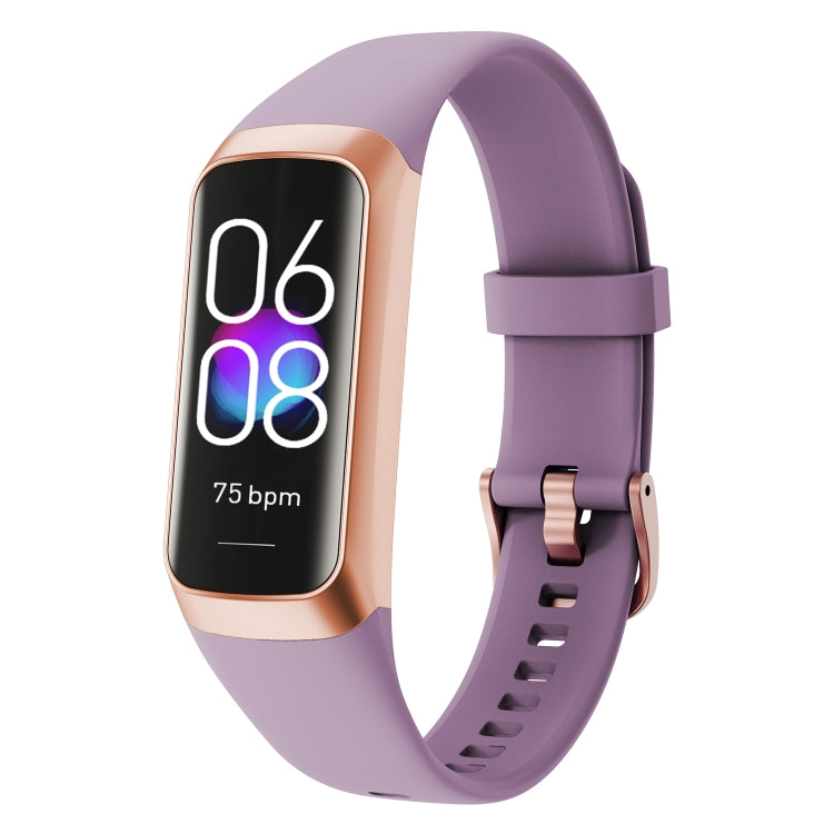 Smart fitness tracker with purple silicone band and color display with time and bpm