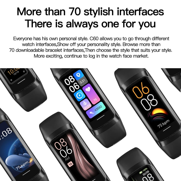 Smart fitness tracker with black band and multiple watch-face styles
