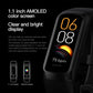 Black smart fitness tracker with 1.1-inch AMOLED color screen showing 06 and 08