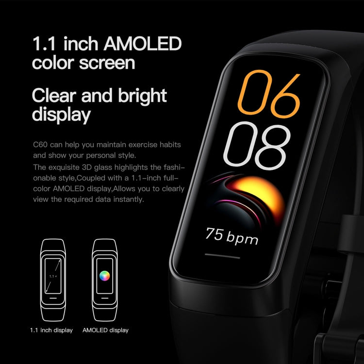 Black smart fitness tracker with 1.1-inch AMOLED color screen showing 06 and 08