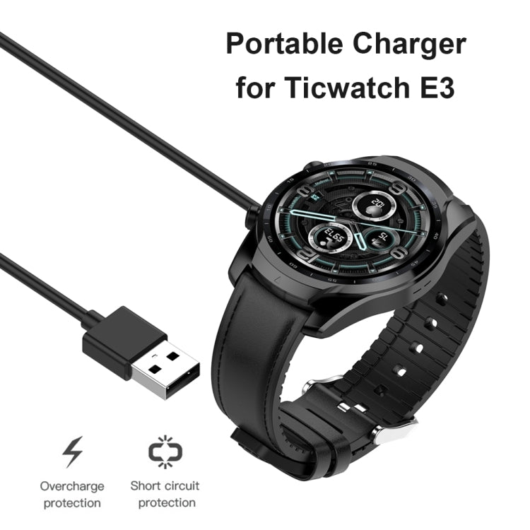 Black charging cable with USB plug and magnetic dock shown with smartwatch