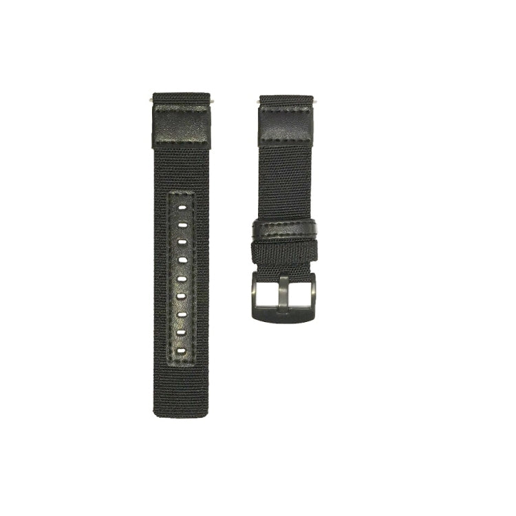 Dark canvas watch strap with metal buckle and multiple adjustment holes