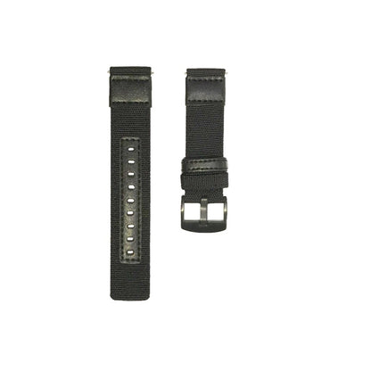 Dark canvas watch strap with metal buckle and multiple adjustment holes
