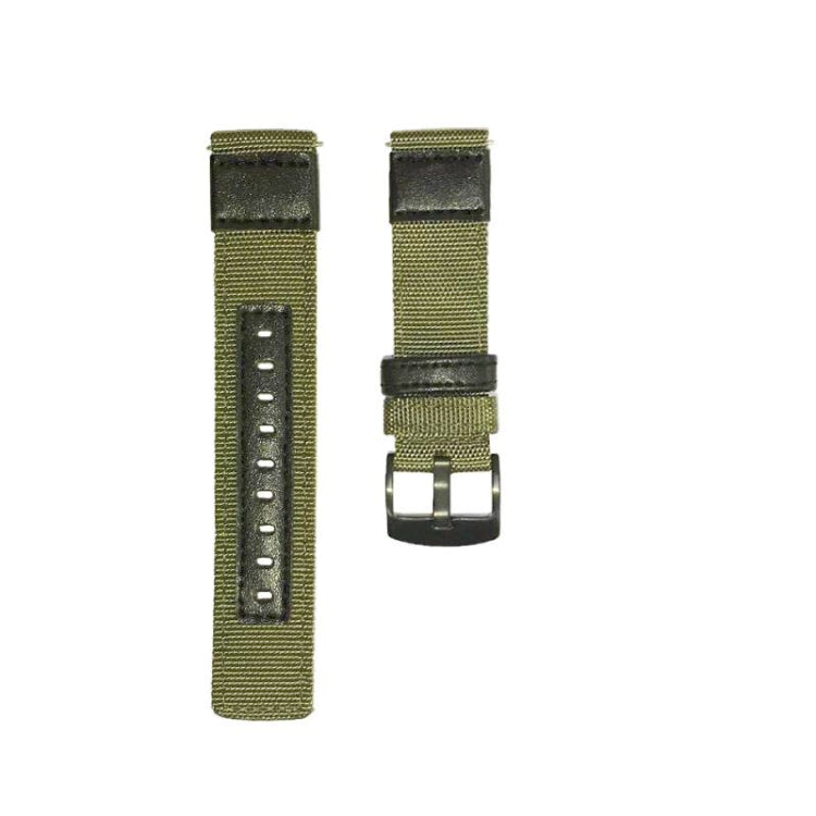 Khaki canvas watch strap with metal buckle and multiple adjustment holes