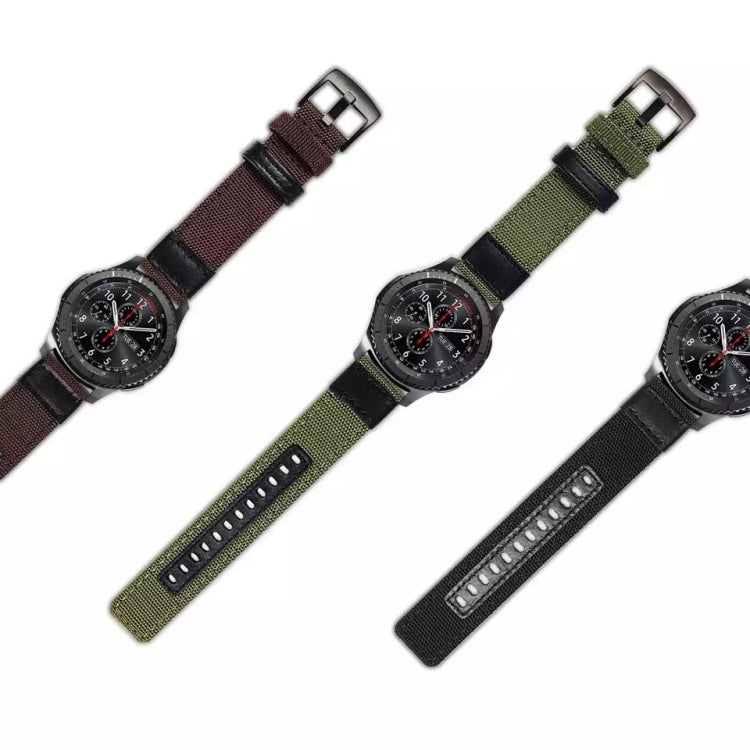 Canvas watch straps with metal buckles in maroon, olive green, and dark black