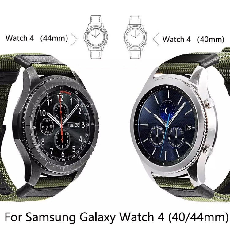 Two Samsung Galaxy Watch 4s with canvas straps: green-olive on one, dark on the other