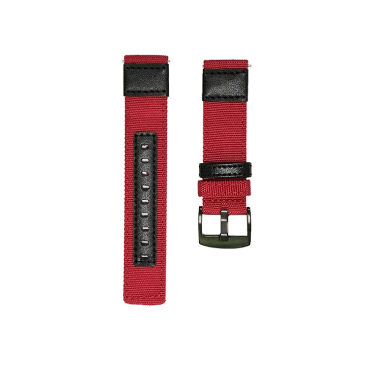 Red canvas watch strap with metal clasp buckle and adjustment holes