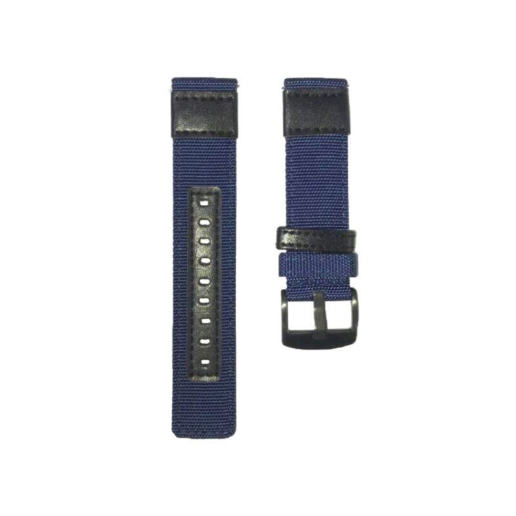 Blue canvas watch strap with metal clasp buckle and adjustment holes