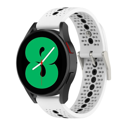 Two-tone silicone breathable watch strap for Galaxy Gear Sport, white and black, perforated.