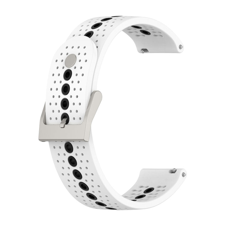Two-tone silicone breathable watch strap for Galaxy Gear Sport, white, perforated, side view.