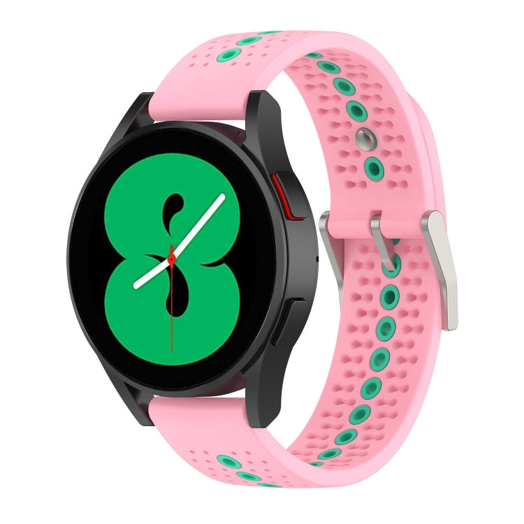 Two-tone silicone breathable watch strap for Galaxy Gear Sport, pink with green accents, perforated.